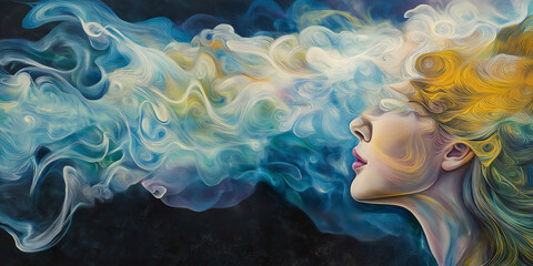 Striking Portrait of a Woman with Expressive Eyes, Framed by Abstract Colorful Smoke