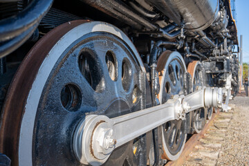 Low Angle selective focus on a railroad wheelsets of a locomotive train