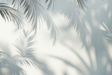 A minimalist white wall adorned with the soft, dappled shadows of tropical palm leaves