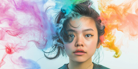 Enchanting Young Woman in a Stunning Artistic Scene with Flowing Colorful Smoke Effects