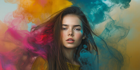 Creative Portrait of a Woman in a Whimsical Colorful Mist, Blending Fantasy and Reality