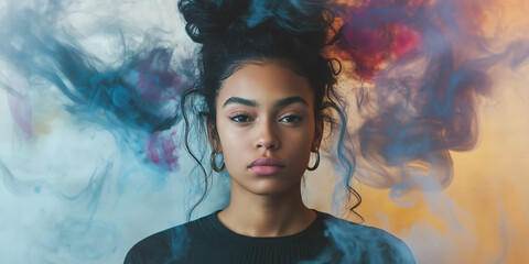Dreamy Portrait of a Young Woman Surrounded by Ethereal Colorful Smoke in a Mystical Atmosphere