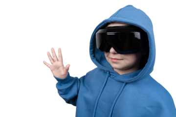 Portrait of a girl with a virtual reality headset in a blue hoodie on a transparent background. Virtual reality glasses. Cyberspace, entertainment, online leisure concept