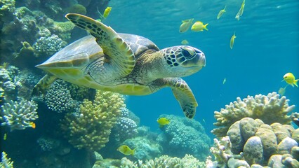 A sea turtle swimming gracefully through clear blu