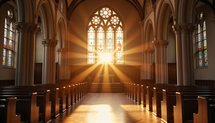 Obraz premium Sunlight Streaming Through Stained Glass in a Grand Cathedral