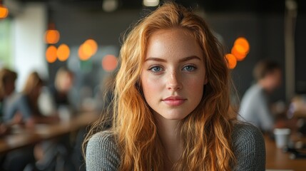 Young woman, red hair, cafe, coworkers blurred background, portrait