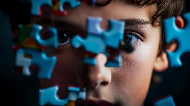 headshot of a falling  jigsaw multi colored puzzle made of autism awareness puzzle pieces infant of a young autistic boy	
