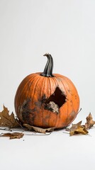 An old carved pumpkin shows a hollow spot with dirt and leaves, signaling autumn's arrival