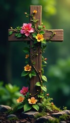 Wooden cross with intertwined vines and flowers, branch, plant