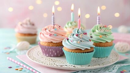 Festive Birthday Cupcakes with Candles on a Plate