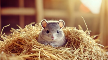 Cute gray rodent resting in a cozy nest of straw and hay