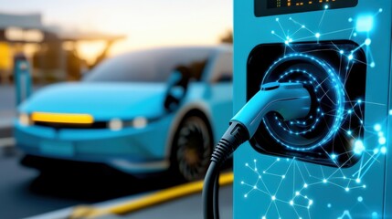 Electric vehicle charging station urban environment technology infrastructure evening atmosphere close-up viewpoint sustainable future