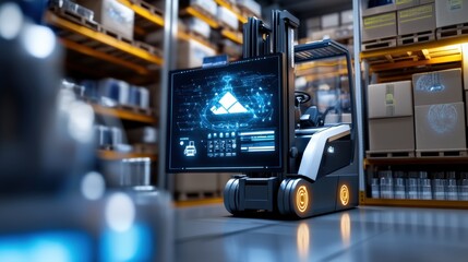 Automated forklift revolutionizing warehouse operations high-tech warehouse technology industrial setting close-up view innovation in logistics