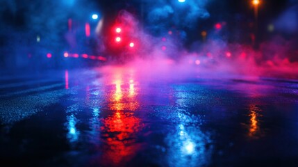 Wet asphalt, reflection of neon lights, a searchlight, smoke. Abstract light in a dark empty street with smoke, smog. Dark background scene of empty street, night view, night city.