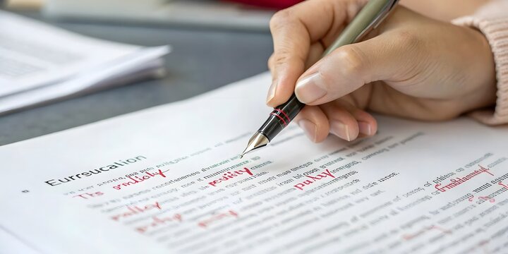 The Art of Revision: A close-up captures a hand meticulously revising written text, employing a pen to make corrections and edits on a page filled with meticulous notes.