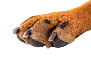 Close up of a dogs paw on a light background