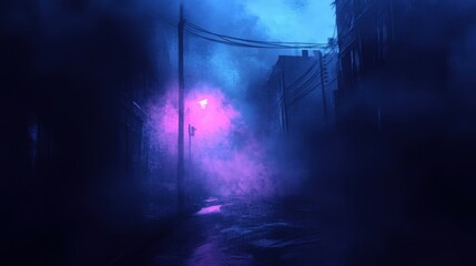 Dark street, night smog and smoke neon light. Dark background of the night city, ray of light in the dark. Gloomy dark background.