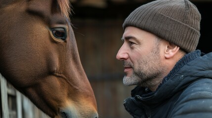 Man and horse in stable. Close-up.  Possible use Animal interaction