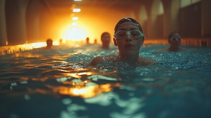 Kids swimming laps indoor pool, warm lighting, exercise