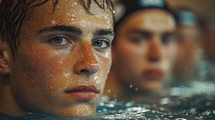 Young swimmer resting poolside, teammates blurred background, sport photo