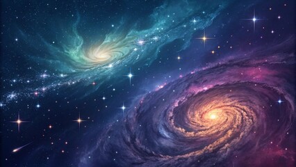 Galaxies glowing in the darkness of space, illustrating the immense energy and light of distant star systems. Good for conveying concepts of energy, universe, and cosmic phenomena