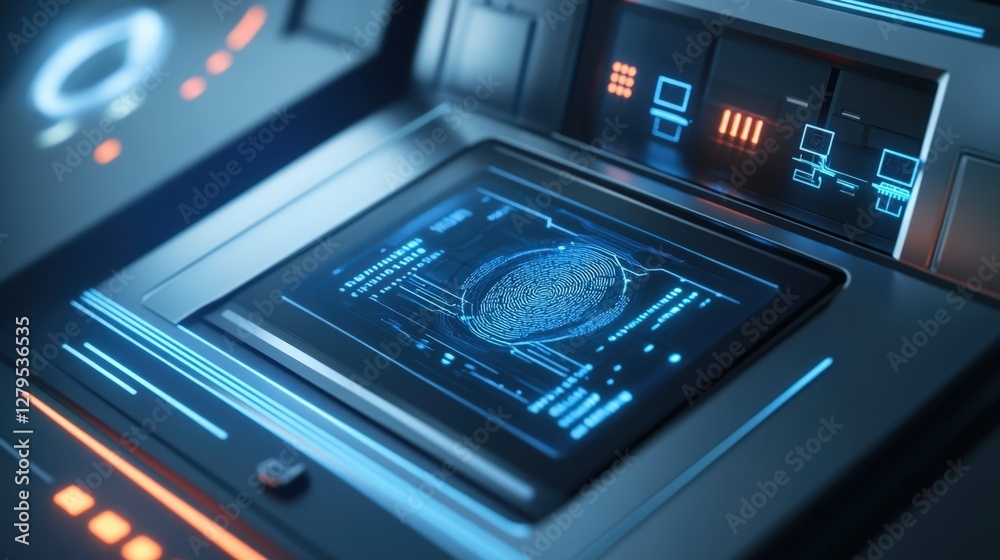Poster futuristic fingerprint scanner verifying identity on advanced security system, enhancing data protec