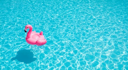 Pink flamingo pool float on azure blue water. Summer vacation relaxation concept. Inflatable toy in swimming pool. Tropical holiday vibes and fun.
