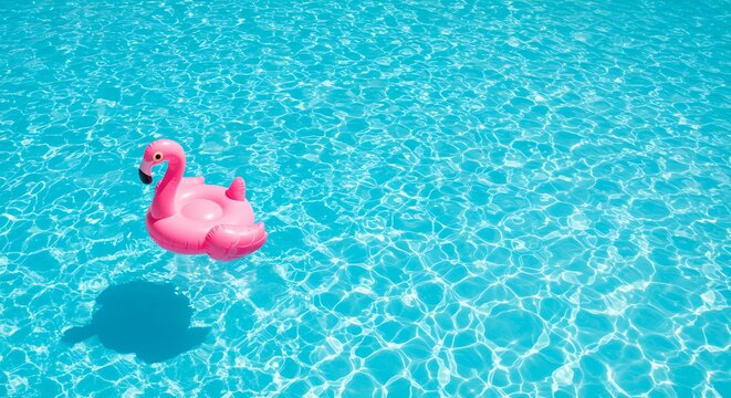 Pink flamingo pool float on azure blue water. Summer vacation relaxation concept. Inflatable toy in swimming pool. Tropical holiday vibes and fun.
