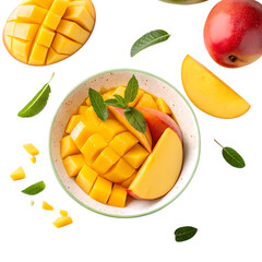 mango fruit in a bowl top view transparent background PNG high quality 