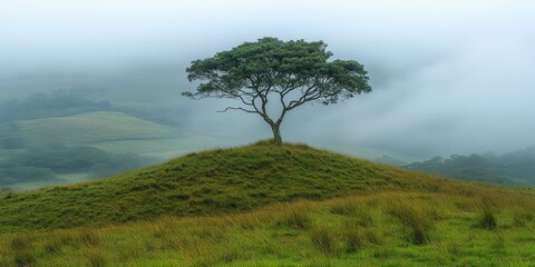Serene landscape photo of a single tree atop a grassy hill shrouded in mist, evoking tranquility and solitude.