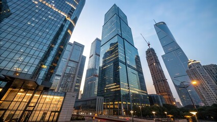 Fototapeta premium Modern Skyscrapers Reflecting the Sky in a Bustling Business District