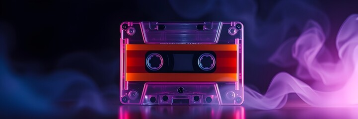 Fototapeta premium Colorful melting cassette tape music party. Retro style illustration. Creative design concept. Vibrant colors. Groovy vintage nostalgia. Celebration of music. Melting tape, colorful drops, splashes