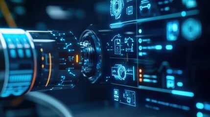 Obraz premium Innovative technology advancements in industry digital workshop infographic futuristic environment close-up view automation concept