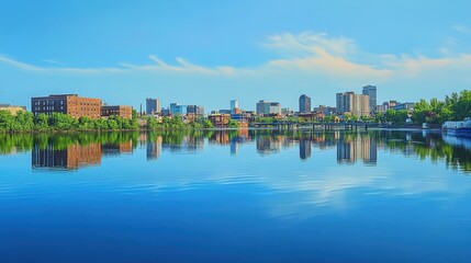 Fototapeta premium Daytime Cityscape of Minneapolis: Urban Skyline Reflected in the Mississippi River