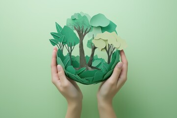Hands holding a craft of trees made from green paper