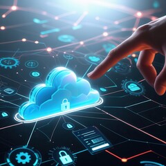 A futuristic digital illustration featuring a glowing cloud icon at the center of a network of interconnected technology symbols (such as gears, locks, charts, and documents)