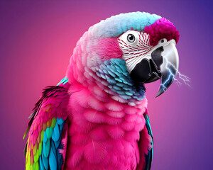 Fototapeta premium Neon lights in close-up of a wild animal. A rare and exotic speaking parrot.
