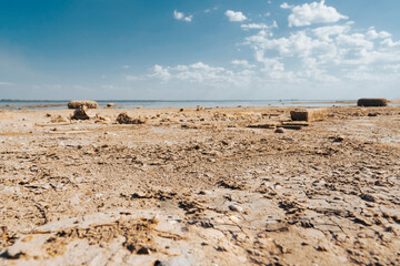 Panorama of a dried-up lake on a sunny summer day. Concept of the problem of climate change, drought and drying up of reservoirs