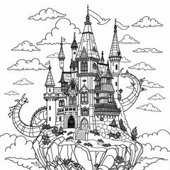 Fantasy Castle Whimsical Architecture Dragon Pumpkin Patch Ink Drawing Medieval Style Black and White Fairytale Landscape Art