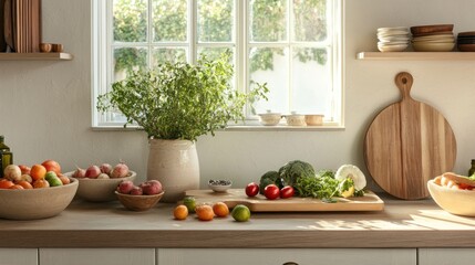 Sunny kitchen countertop display with fresh produce and herbs