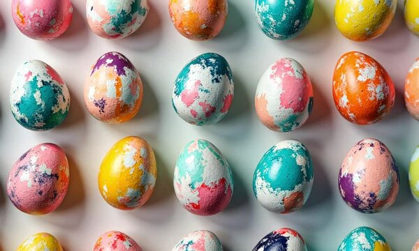 Vibrant artistic Easter eggs with colorful abstract paint splashes, modern festive design, creative hand-painted patterns for holiday decoration. 