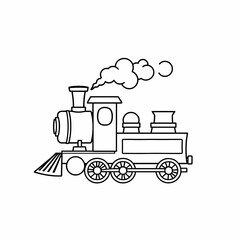 Vintage Steam Train Cartoon Style Black and White Line Drawing Cute Locomotive Puffing Smoke Retro Children's Book Art