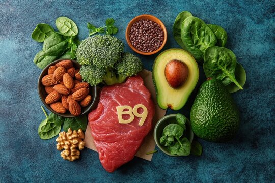 Delicious Foods Rich in Natural Vitamin B9: Avocado, Spinach, and More on a Blue Background