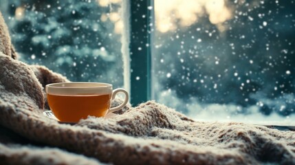 Cozy tea by window on snowy day