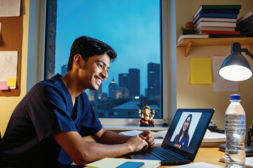 Young Indian Male Medical Student in Blue Scrubs Smiling during Video Call with Family on Modern Laptop