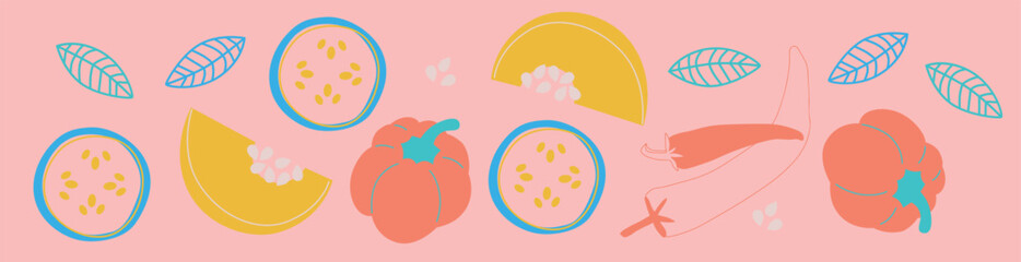 Cute appetizing Vegetables collection. Decorative abstract horizontal banner with colorful doodles. Hand-drawn modern illustrations with Vegetables, abstract elements.	
