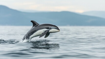 Obraz premium Playful Dolphin Leaps Above Calm Ocean Water At Dusk Near Coastline