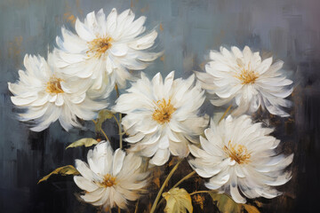 Obraz premium White chrysanthemums, white petals on dark background, oil painting on canvas with mastichine brushstrokes