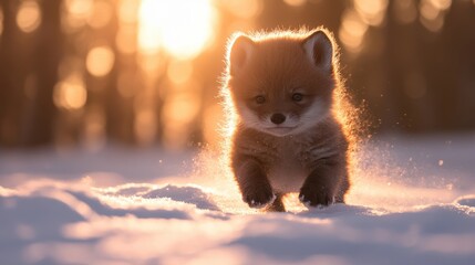 Obraz premium Playful Fox Kit Running Through Snow in Soft Golden Light