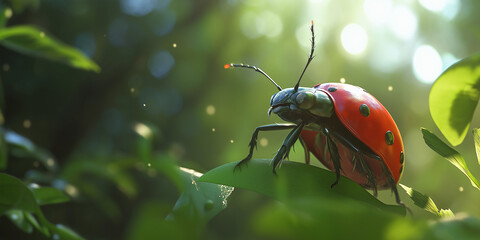 Realistic Ladybug on Leaf in Sunlight – Macro Nature Scene

